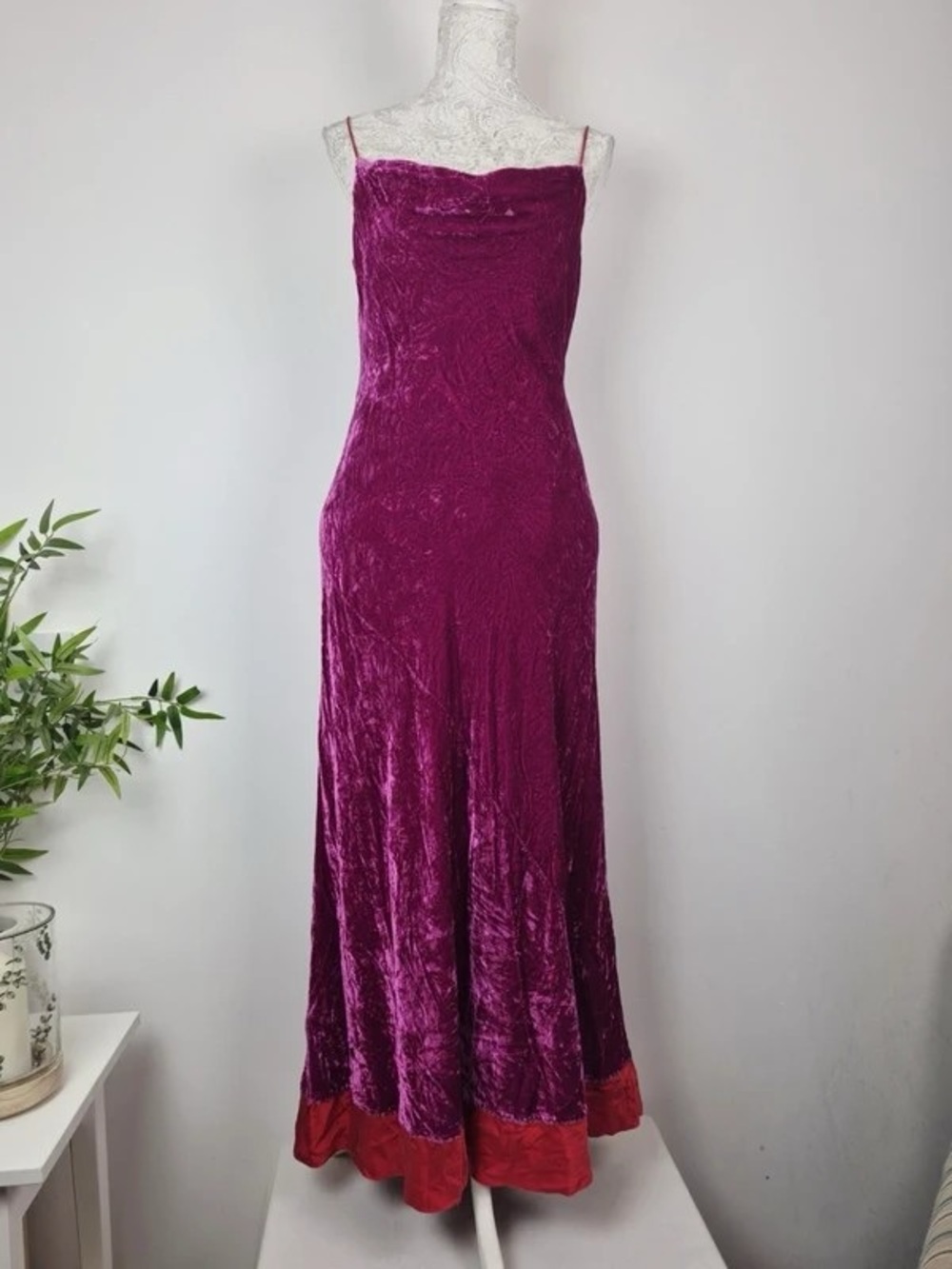 Fuchsia Velvet Maxi Slip Dress with Contrasting Red Hem